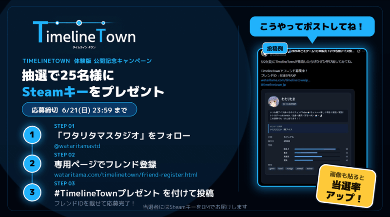 6/21(日)期限／Steamキーが当たる!「TimelineTown」友達登録キャンペーン
