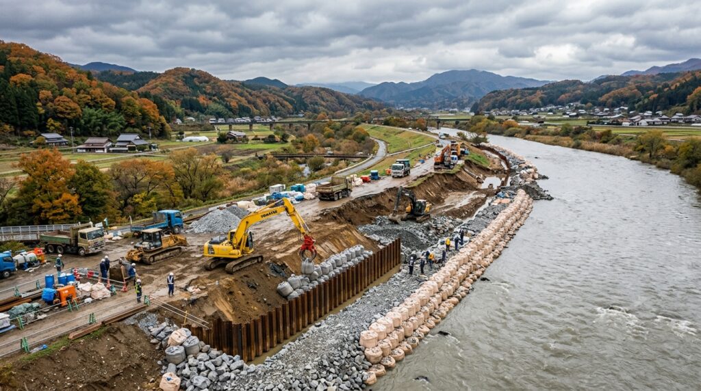 台風25号で決壊した千葉・印旛沼の堤防、緊急復旧工事の第1段階「荒締切工」が完了