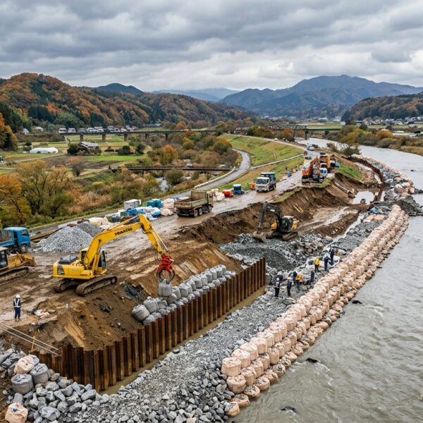 台風25号で決壊した千葉・印旛沼の堤防、緊急復旧工事の第1段階「荒締切工」が完了